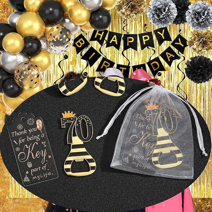 24pcs 70th Gold Keychain Bottle Opener 70th Birthday Party Favors, 70 Keychain Beer Bottle Opener Favors Anniversary Souvenirs Return Gifts for Guests Party Decor Supplies (black 70)