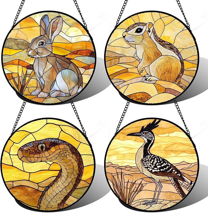 Stained Glass Window Hanging 4 Pcs Set Animals 7.8" - Desert Landscape Yellow Suncatcher Door Garden Sun Catcher Decor Birthday Christmas for Mom Woman Nana Men