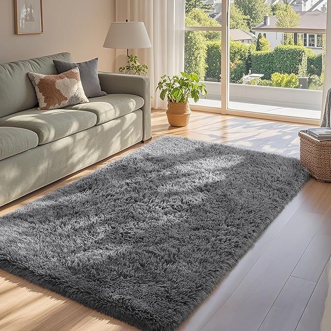 Ophanie 3x5 Rug, Bedside Preppy Dorm Area Rug, College Essentials Non Slip Grey Small Carpets for Bedroom, Anti Slip Fluffy Gray Living Room Rugs Home Decor Aesthetic, Nursery