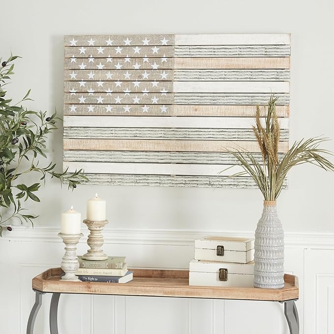 Deco 79 Wood American Flag Home Wall Decor Wall Sculpture, Wall Art 38" x 2" x 26", White