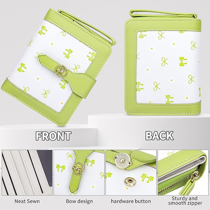 Womens Wallet Cute Small Wallets for Women Green Coquette Bow Women's Wallet Kawaii Card Wallets for Women Ladies Bow Stuff