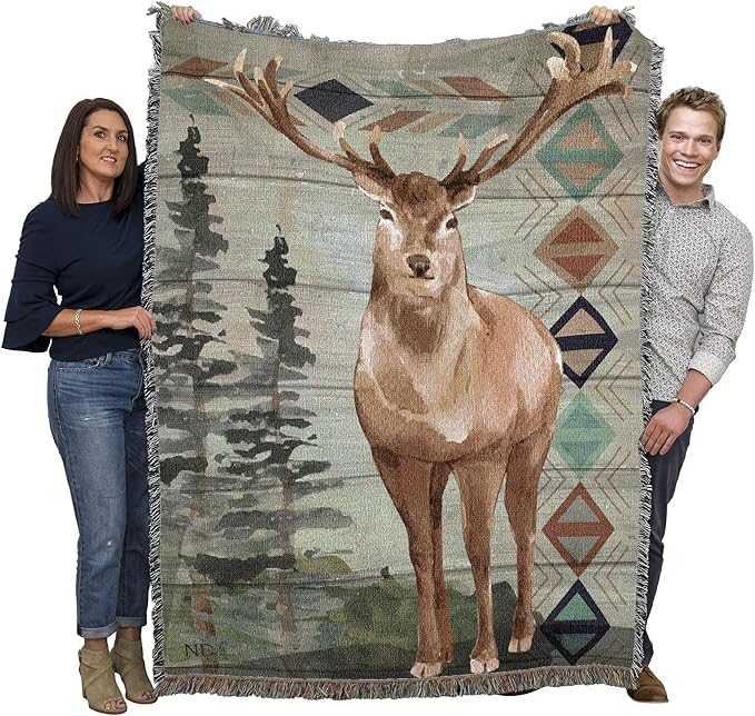 Pure Country Weavers Animals Lodge Deer Elk 2 Blanket by Nicole DeCamp - Wildlife Lodge Cabin Gift Tapestry Throw Woven from Cotton - Made in The USA (72x54)