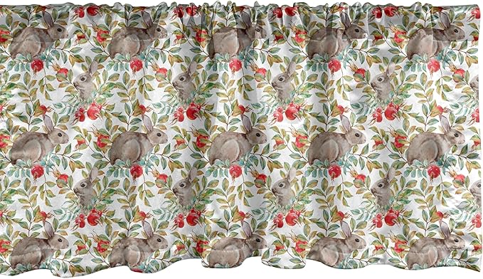 Ambesonne Bunny Window Valance, Easter Pattern of Dog Rose and Rabbits, Curtain Valance for Kitchen Bedroom Decor with Rod Pocket, 54" X 18", Camel