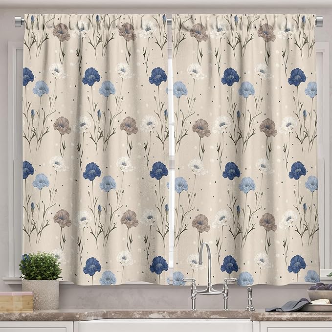Ambesonne Floral Kitchen Curtains, Vintage Cottagecore Delicate Flowers with Paint Dots Plain Back Print, Window Drapes 2 Panel Set for Kitchen Cafe Decor, 55" x 36", Beige Night Blue Dark Tan