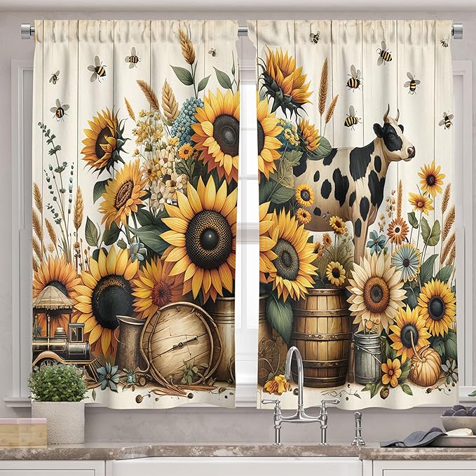 Ambesonne Farmhouse Valance & Tier Curtain 3 pcs Set, Dream Illustration of Sunflowers and Cow with Flying Bees Cottagecore, Window Treatments for Kitchen Room Decor, 55" x 45", Mustard Eggshell Cocoa