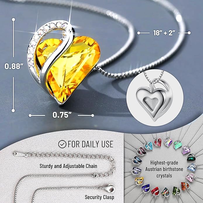 Leafael Valentine's Day Gift Necklaces for Women, Infinity Love Birthstone Heart Crystal Pendant, Birthday Anniversary Jewelry for Wife, Mom, and Her, Silver Plated, 18" + 2" Adjustable Chain
