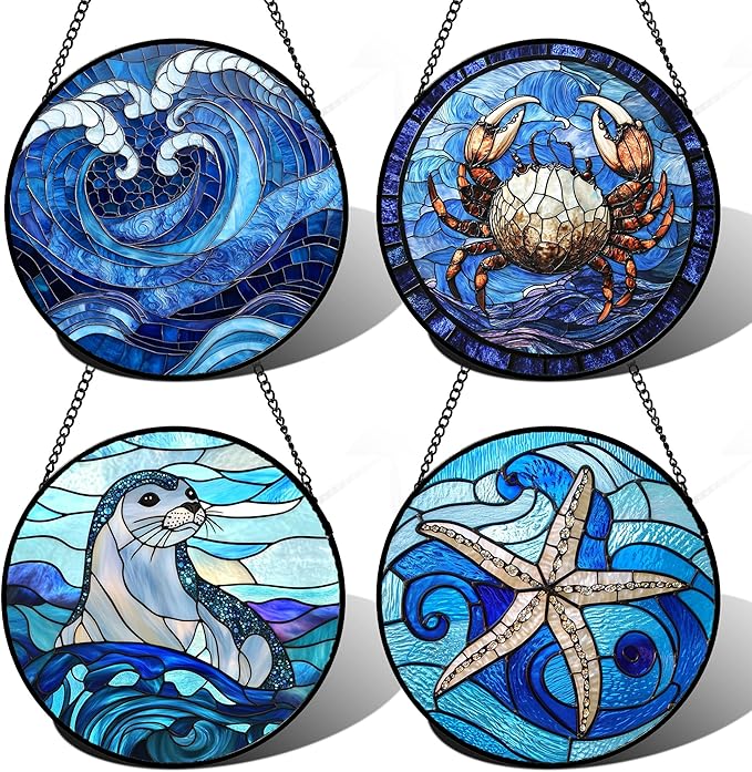 Stained Glass Window Hanging 4 Pcs Set Blue Ocean Waves Large 11.8" - Starfish Crab Seal Suncatcher Door Garden Sun Catcher Decor Birthday for Mom Woman Nana Men Friend