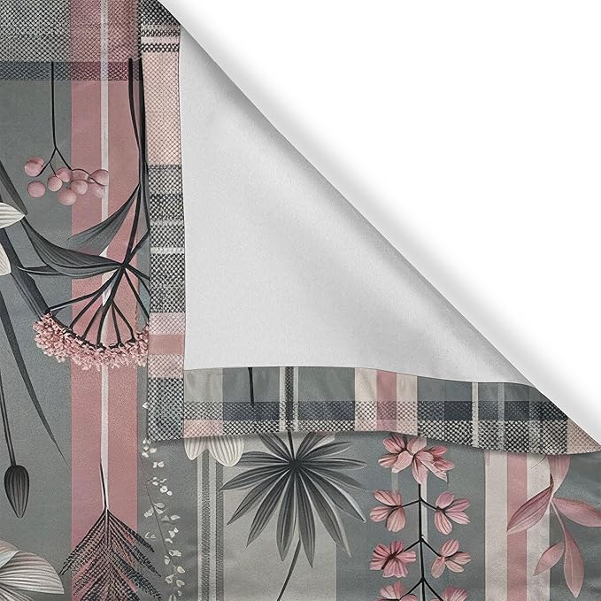 Ambesonne Floral Valance & Tier Curtain 3 pcs Set, Treasured Garden of Spring with Flowers and Calm Colored Tartan Plaid Pattern, Window Treatments for Kitchen Room Decor, 55" x 45", Pink and Grey