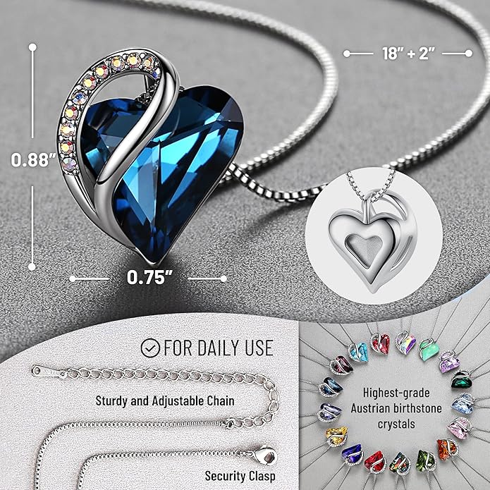 Leafael Valentine's Day Gift Necklaces for Women, Infinity Love Birthstone Heart Crystal Pendant, Birthday Anniversary Jewelry for Wife, Mom, and Her, Silver Plated, 18" + 2" Adjustable Chain