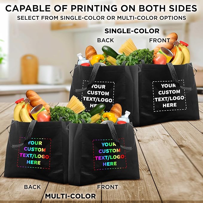 DISCOUNT PROMOS Custom Jumbo Sized Tote Bags Set of 50, Personalized Bulk Pack - Reusable Grocery Bags, Shopping Bags, Promotional Item Totes for Women - Black