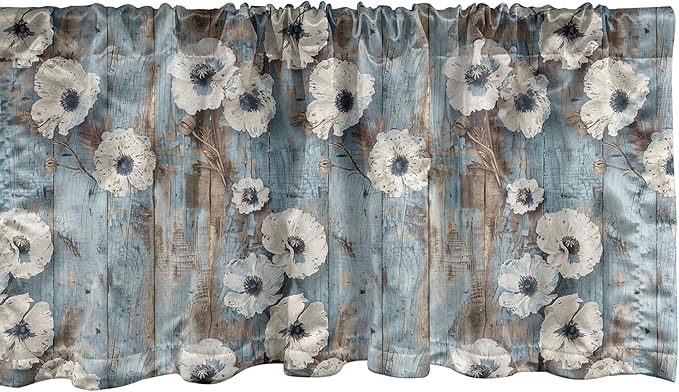 Ambesonne Poppy Window Valance Pack of 2, Vintage Farmhouse Concept Beige Tone Petals Floral on Rustic Backdrop, Rod Pocket Curtain Valances for Kitchen Bedroom, 54" X 12", Coconut Pale Blue and Dusk