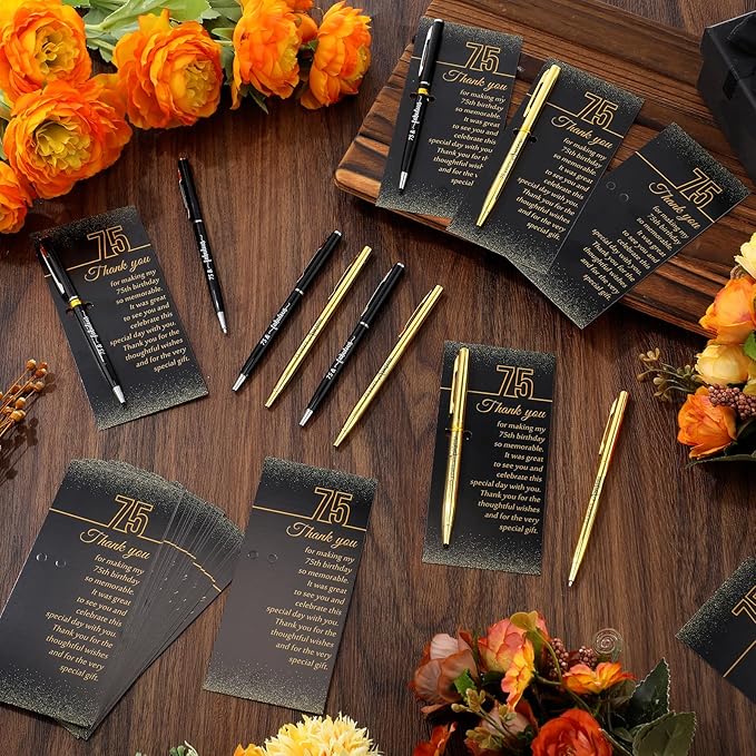 25 Sets 75th Birthday Themed Party Favors for Guests Including Birthday Ballpoint Pens and Black Gold Thank You Cards for Guests Anniversary Appreciation Gifts