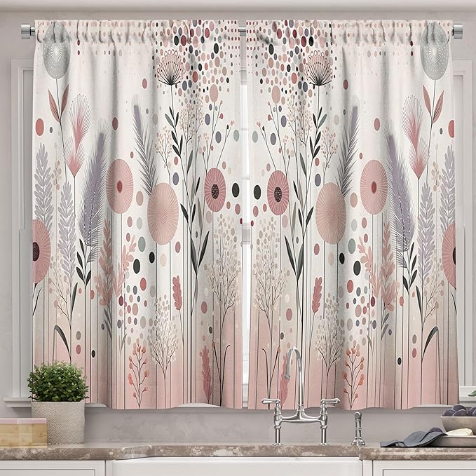 Ambesonne Floral Kitchen Curtains, Blushy Atmosphere Dreamy Lavender Flowers Geometric Petals and Dots, Window Drapes 2 Panel Set for Kitchen Cafe Decor, 55" x 39", Blush Lilac and Eggshell