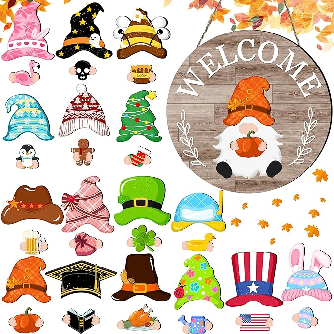 Seasonal Gnome Wall Decor Set, 11.8 inch Autumn Wooden Round Sign with Interchangeable Holiday Hats, Welcome Door Hanging (Grey-3)