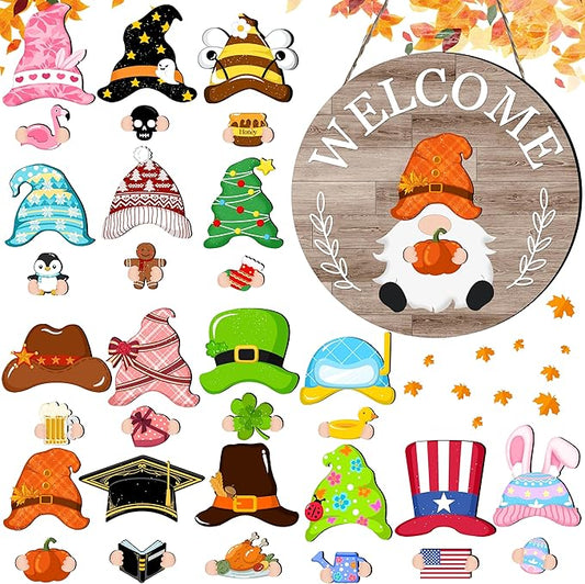 Seasonal Gnome Wall Decor Set, 11.8 inch Autumn Wooden Round Sign with Interchangeable Holiday Hats, Welcome Door Hanging (Grey-3)