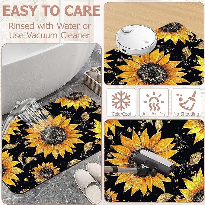 Glittering Sunflowers Bath Mat,Diatomaceous Earth Bath Mat,Rubber Backing Quick Dry Absorbent Washable Bathroom Rugs for Tub Non Slip 17"x29.5"