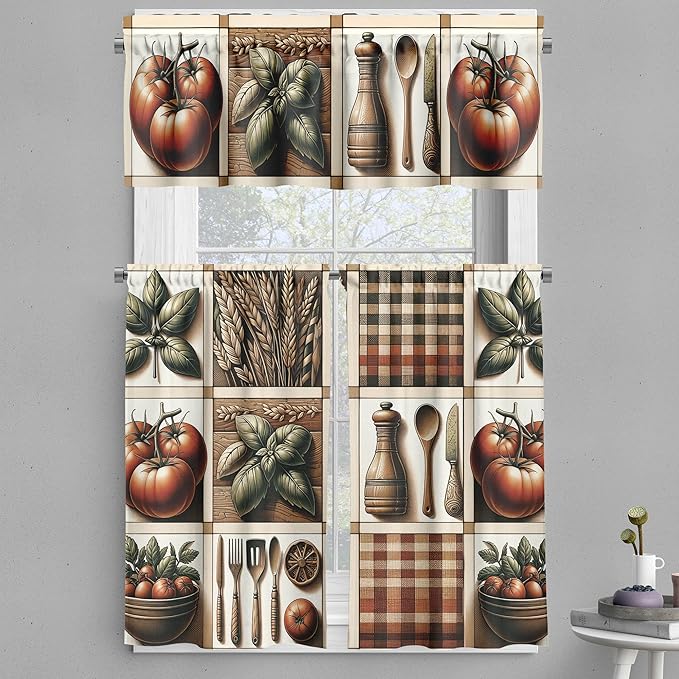 Ambesonne Vintage Valance & Tier Curtain 3 pcs Set, Tomato Checkered Gingham Squares Food Art Leaf Details Cozy Cottagecore, Window Treatments for Kitchen Room Decor, 55" x 45", Paprika Rust and Green