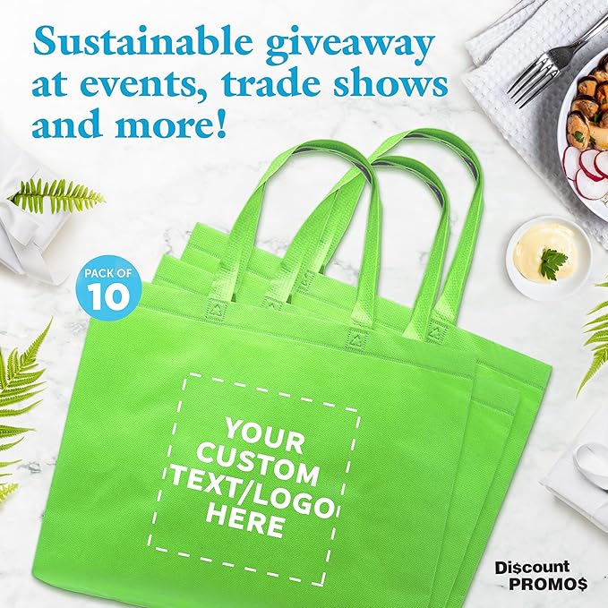DISCOUNT PROMOS Custom Jumbo Sized Tote Bags Set of 10, Personalized Bulk Pack - Reusable Grocery Bags, Shopping Bags, Promotional Item Totes for Women - Lime Green