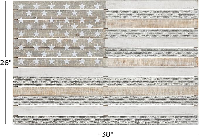 Deco 79 Wood American Flag Home Wall Decor Wall Sculpture, Wall Art 38" x 2" x 26", White