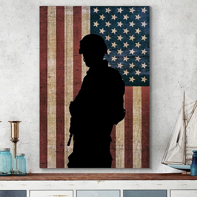 Renditions Gallery Canvas Figurative Wall Art Home Paintings Artwork Dark Veteran Silhouette Modern Black & White American Military Decorations for Office Bedroom Kitchen - 36"x48" LT25
