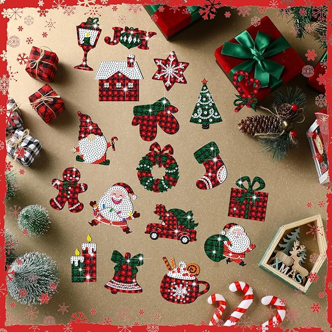 30 Pcs Christmas Diamond Art Magnets Kits DIY Buffalo Plaid Diamond Art Fridge Magnetic Stickers Xmas Gem Magnets for Beginners Holiday Decor Home