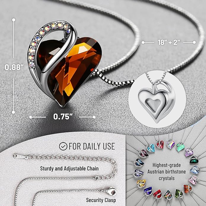 Leafael Valentine's Day Gift Necklaces for Women, Infinity Love Birthstone Heart Crystal Pendant, Birthday Anniversary Jewelry for Wife, Mom, and Her, Silver Plated, 18" + 2" Adjustable Chain