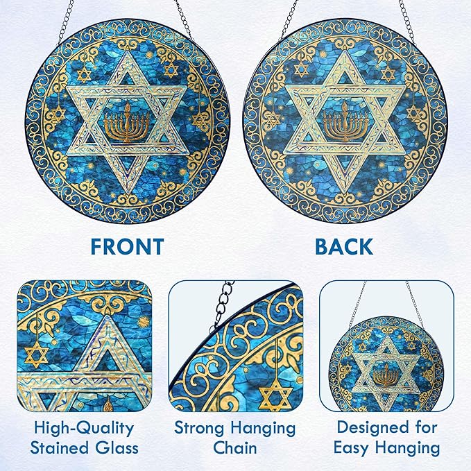 FLAGWIX Hanukkah Gifts for Women Men - Star of David Stained Glass Window Hanging 8 in - Hanukkah Sun Catcher Hanging Decor, Chanukah Suncatchers for Garden Decor, Religious Spiritual Gifts for Mom