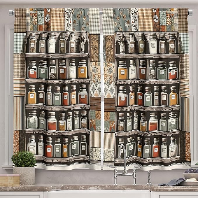 Ambesonne Vintage Kitchen Curtains, Jars on Shelves with Victorian Leaves Tartan Details Print Farmhouse, Window Drapes 2 Panel Set for Kitchen Cafe Decor, 55" x 36", Taupe Grey Teal Orange