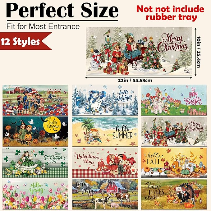 Nuanchu 12 Pcs Seasonal Door Mat Interchangeable Doormat Inserts Entrance Welcome Mats 22 x 10 Inches Non Slip Mats Gifts for Front Door Christmas Thanksgiving Decoration (No Frame)(Retro)