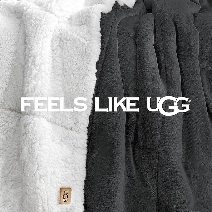 UGG Nita Throw Blanket Soft Reversible Plush Throw for Couch or Bed Washable Warm Fluffy Blanket for College Dorm Essentials and Bedding with Down Alternative Fill, 50-inch x 70-inch, Charcoal Grey