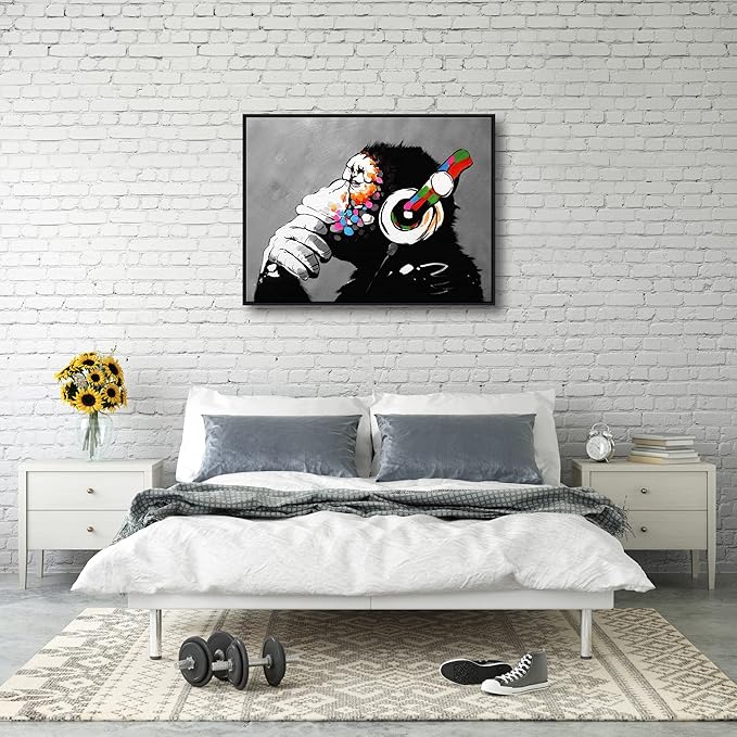 Wieco Art Large Black Framed Monkey With Headphones Banksy Graffiti Art Abstract Canvas Painting for Home Decor Canvas Wall Art for Living Room Decoration Wall Decor & Office Decor
