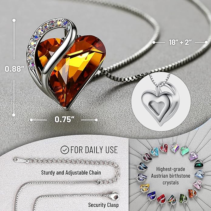 Leafael Valentine's Day Gift Necklaces for Women, Infinity Love Birthstone Heart Crystal Pendant, Birthday Anniversary Jewelry for Wife, Mom, and Her, Silver Plated, 18" + 2" Adjustable Chain