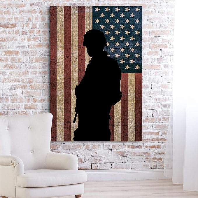 Renditions Gallery Canvas Figurative Wall Art Home Paintings Artwork Dark Veteran Silhouette Modern Black & White American Military Decorations for Office Bedroom Kitchen - 16"x20" LT25