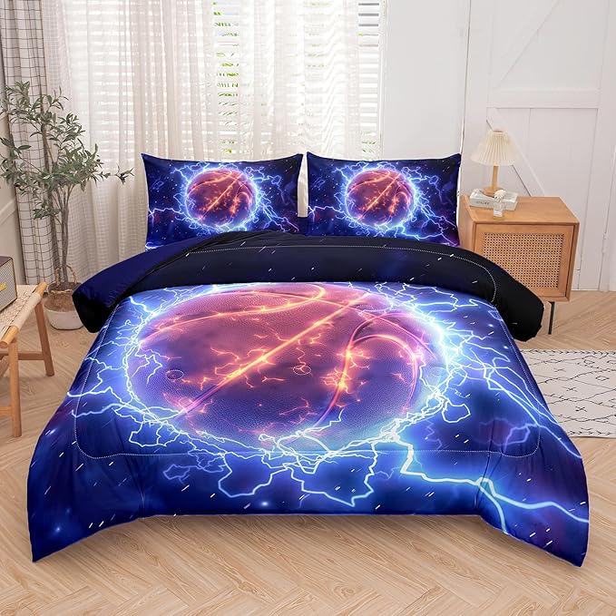 Helloosun 5PCS Basketball Comforter Set Twin,Sports Bedding Sets for Boys,Twin Comforter Sets for Boys,Blue Lightning Basketball Bedding Set with Sheets