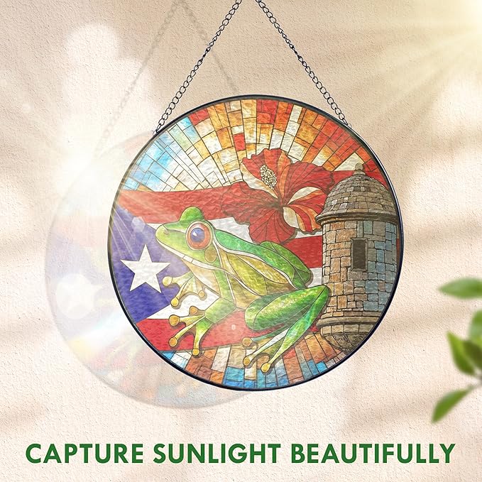 FLAGWIX Puerto Rico Gifts - Stained Glass Window Hanging 8 in for Home Garden Decor - Puerto Rican Gifts for Women Men, Coqui Sun Catchers Indoor Window, House Warming Gift for Mom Dad Friend