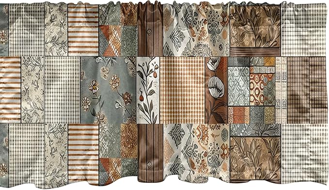 Ambesonne Cottagecore Window Valance Pack of 2, Modern Maximalist Design of Leaves and Plaid Stripes Farmhouse Themed, Rod Pocket Curtain Valances Kitchen Bedroom, 54" X 18",Taupe Grey Teal Orange