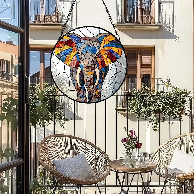 Stained Glass Window Hanging, Colorful Elephant Sun Catcher for Door Home Decor Animal Suncatcher Christmas Mother's Day Birthday Gifts for Women Men Mom and Nana 6.3 in