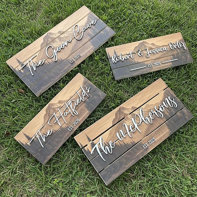 Custom Mountain Family Name Sign - Rustic Wood Wall Decor, Personalized Wedding & Gift for Couples Anniversary, Housewarming Gift for New Home 28x13" (Large)
