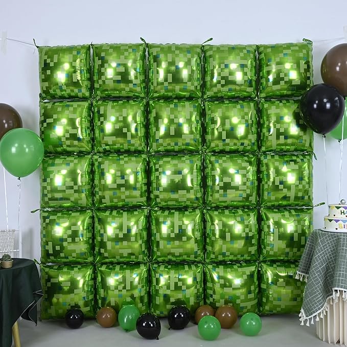 Green Pixel Square Balloon Wall, 25 PCS Green Pixel Square Foil Balloons Wall Backdrop Balloons Tunnel Arch for Kids Boys Video Game Theme Birthday Party Decoration