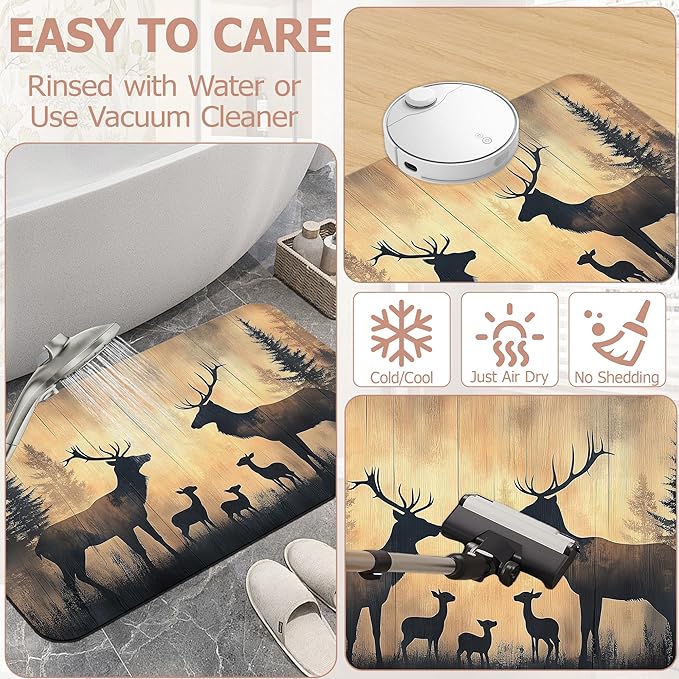 Non Slip Bath Mat,Deer Trees Bathroom Decor,Forest Diatomaceous Bath Mat Quick Dry Absorbent Bathroom Rugs-Shower Rug for Kitchen Laundry Bathtub Shower 17"x29.5"