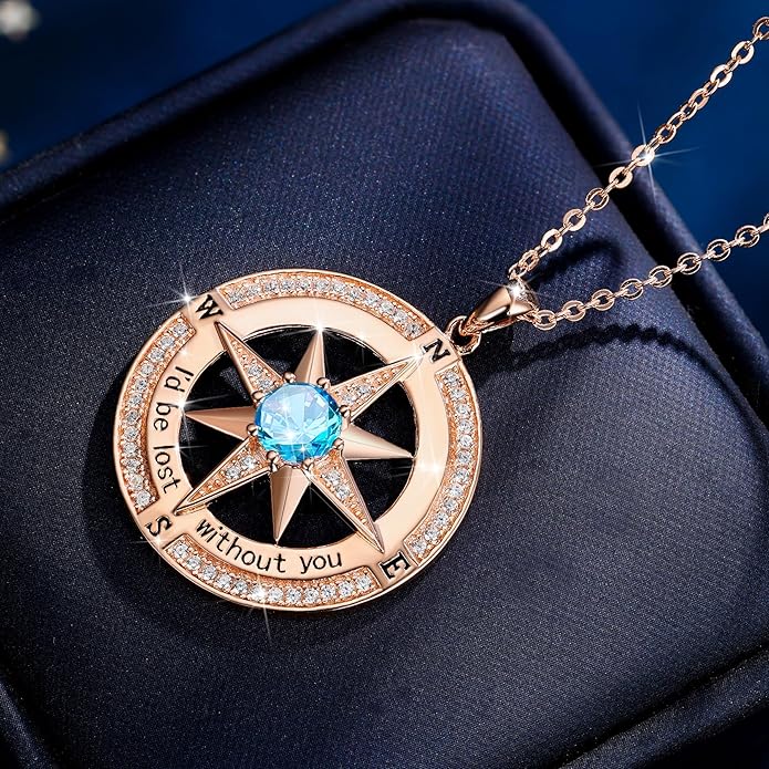 S925 Necklace Birthstone Compass Gift for Women Jewelry Sterling Silver Necklace for Wife Wedding Anniversary Girlfriend Birthday Gifts for Her Valentines Day Mom Mothers Day
