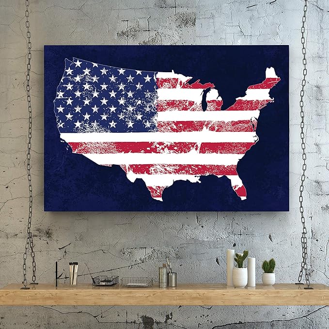 Renditions Gallery Nature Wall Art Paintings Window View Prints Vintage Faded American Flag Glam Patriotic Modern Blue American Map Decorations for Bedroom Office Kitchen - 16"x20" LT25