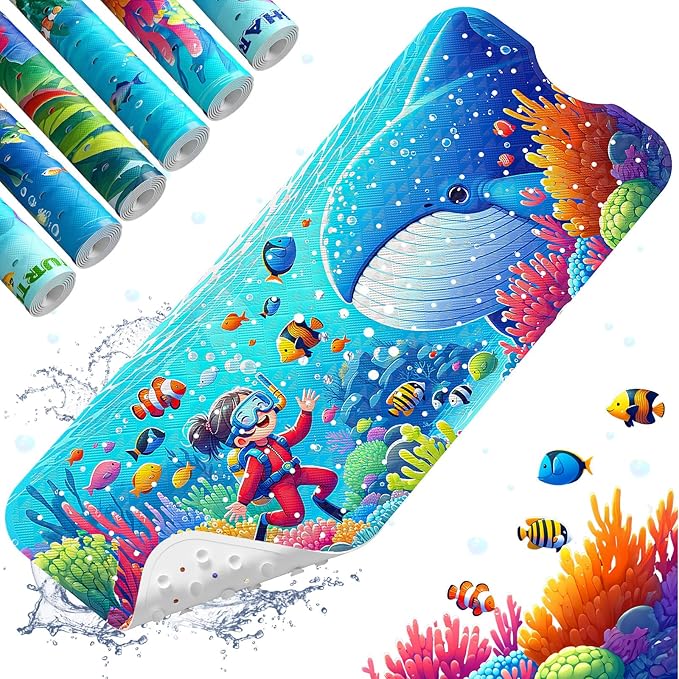 XIYUNTE Baby Bath Mat for Tub Non Slip Kids Bath Mat - 40''x16'' Extra Long Cartoon Bathtub Mat Non Slip Kids Shower Mat Eco-Friendly Toddler Bath Mats with Suction Cups, Machine Washable