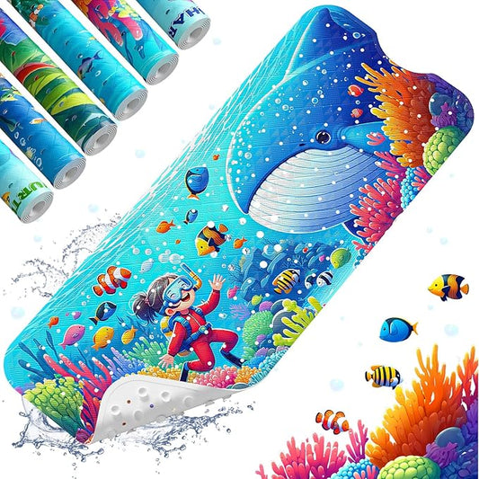 XIYUNTE Baby Bath Mat for Tub Non Slip Kids Bath Mat - 40''x16'' Extra Long Cartoon Bathtub Mat Non Slip Kids Shower Mat Eco-Friendly Toddler Bath Mats with Suction Cups, Machine Washable