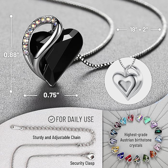 Leafael Valentine's Day Gift Necklaces for Women, Infinity Love Birthstone Heart Crystal Pendant, Birthday Anniversary Jewelry for Wife, Mom, and Her, Silver Plated, 18" + 2" Adjustable Chain