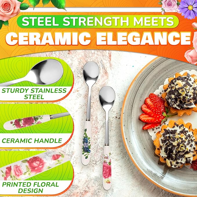 6 PCs Ceramic Handle Coffee Spoons Set – 6.1" Small Dessert Spoons with Floral Design – Stainless Steel Tea & Dessert Sugar Spoon for Coffee Bar, Espresso, Hot Drinks | Kitchen Gift Set for Women