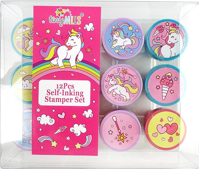 TINYMILLS 12 Pcs Unicorn Stamp Kit for Kids – Cute Self-Inking Unicorn Stamps, Unicorn Party Favors, Classroom Rewards, Goody Bag Stuffers, Birthday Party Supplies