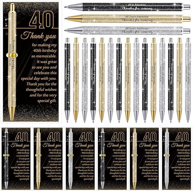 24 Set 40th Birthday Party Favor for Guests Anniversary Appreciation Gifts Birthday Glitter Ballpoint Pen and Thank You Cards for Women Men Years Party Favor Decoration Supplies