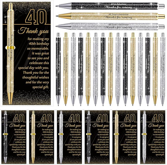 24 Set 40th Birthday Party Favor for Guests Anniversary Appreciation Gifts Birthday Glitter Ballpoint Pen and Thank You Cards for Women Men Years Party Favor Decoration Supplies