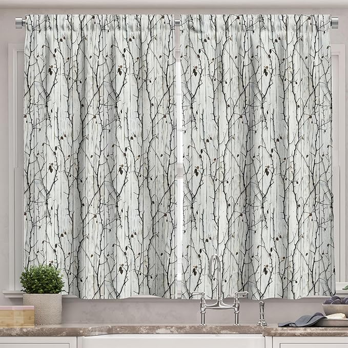 Ambesonne Botanical Autumn Kitchen Curtains, Farmhouse Countryside Vibes Weathered Planks with Dried Branches, Window Drapes 2 Panel Set for Kitchen Cafe Decor, 55" x 36", Off White Dark Brown